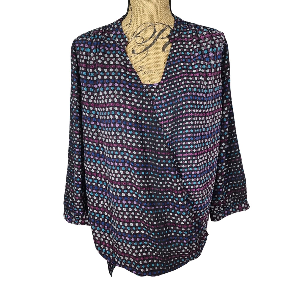 NYDJ Size Large Pleated Notch Collar 3/4 Sleeve Polka Dot Layered Surplice Top‎